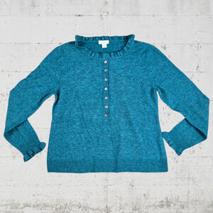 Sundance Green Ruffle Neck Henley Button Soft Cottage Sweater Size Medium Petite